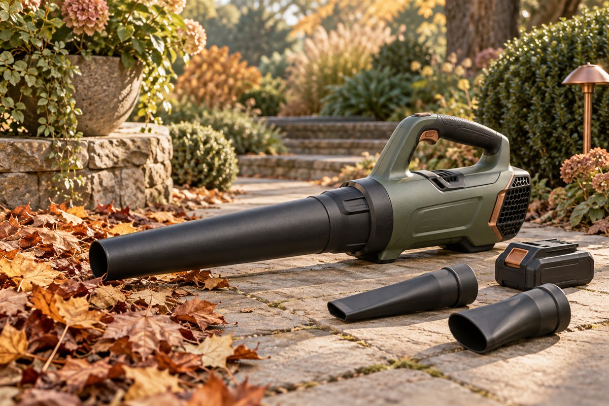 Cordless leaf blower with battery and nozzle attachments on a garden path
